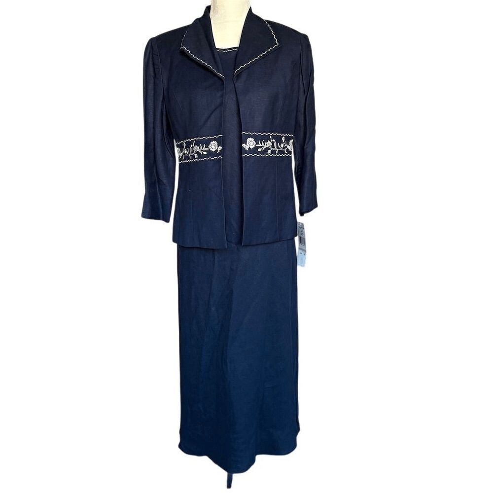 Jessica Howard Women's 2-Piece linen Blend Jacket Dress Size 6 Navy Blue Formal